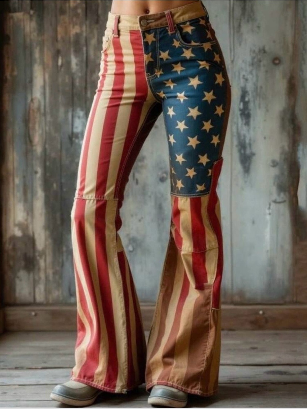 ❤️ New Flag-Print Flared Women's Pants - Red, Blue & Yellow 100%Poliester